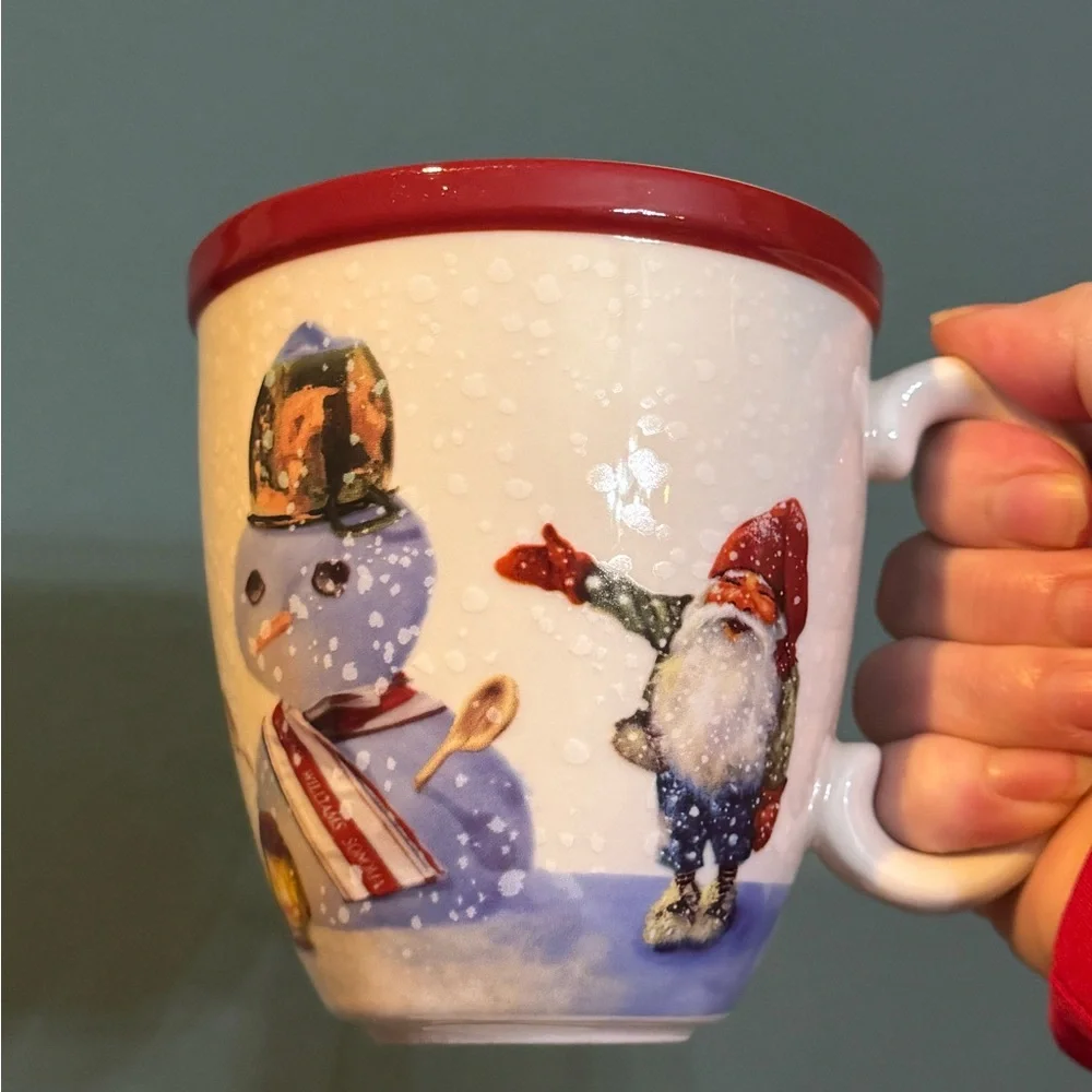 Pair of Williams Sonoma Nordic Elf Festive Snowman and Gnome Stoneware Mugs